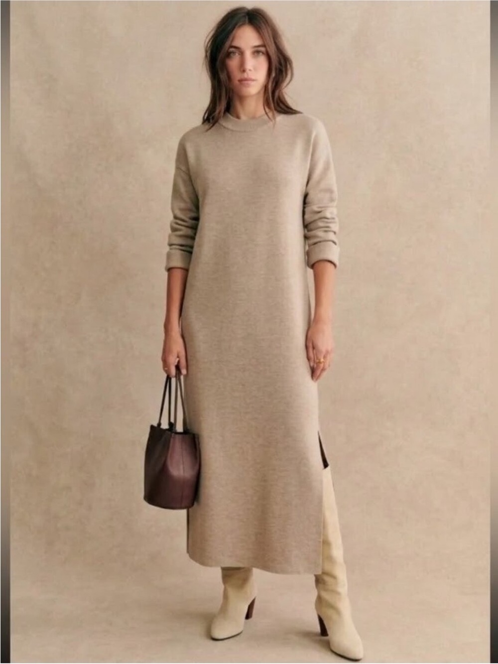 New Sezane Janet Sweater Dress Sandstone 100% Merino Wool Autumn Dress L